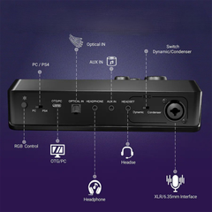 Multi-Interface Live Streaming Gaming Audio Mixer, Rgb Backlit Usb Sound Interface With Surround Sound, Xlr Mic Preamp And Real-Time Vocal Modulation