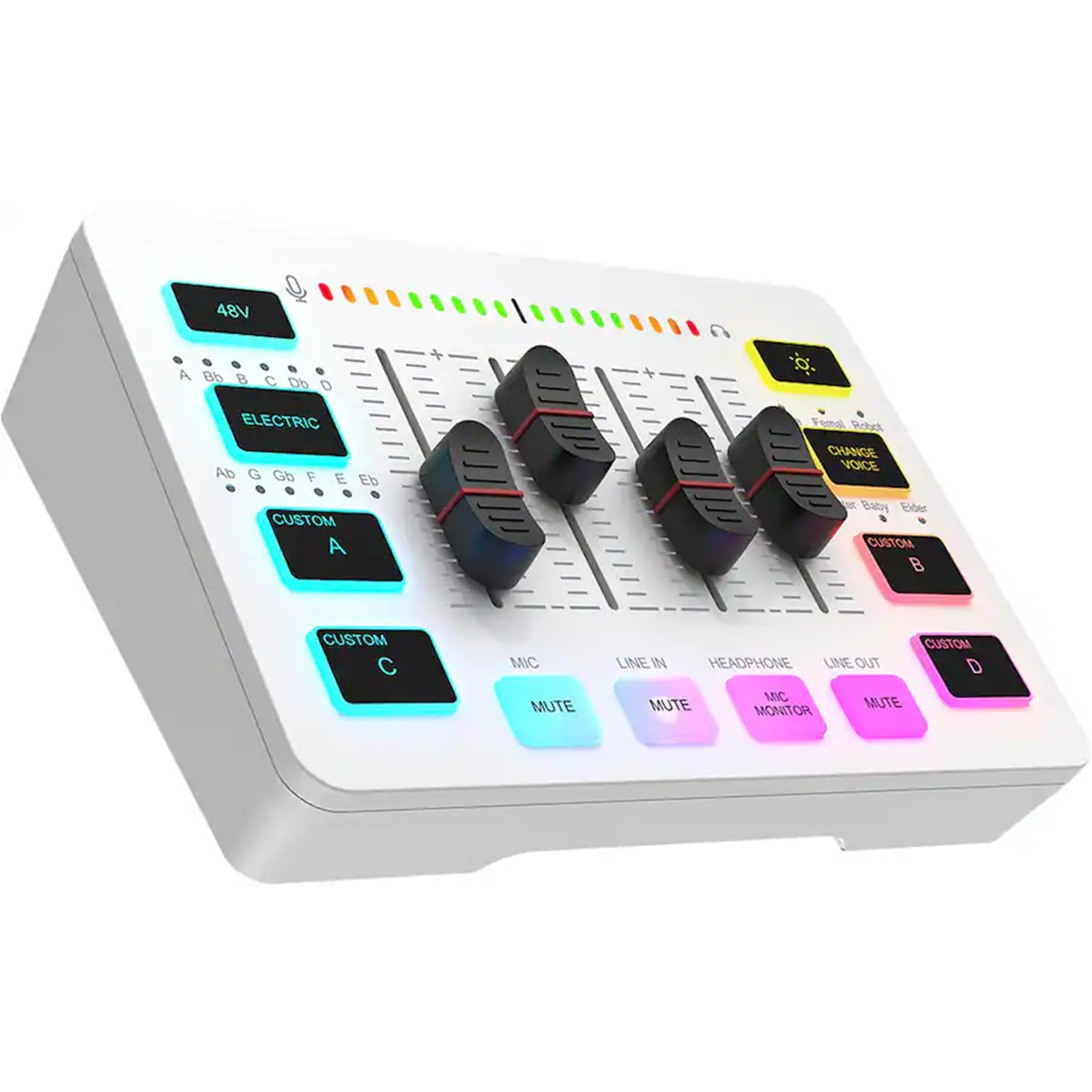 Four-Channel Usb Live Broadcast Audio Mixer Interface, Rgb Backlit Portable Sound Card With Phantom Power And Multi Voice Modulation Effects